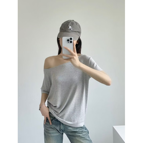 張婧儀同款寬松慵懶風兩穿T恤女夏一字肩顯瘦薄款設計感短袖上衣