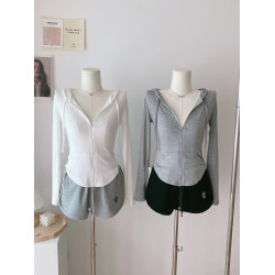 POPW 莫代爾連帽長袖T恤短外套女新款修身顯瘦弧形下擺防曬開衫