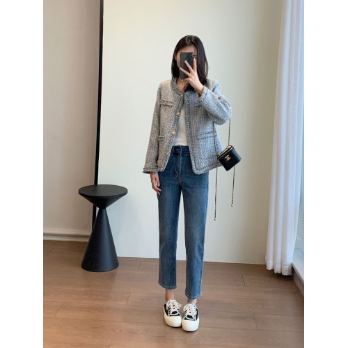 冰島灰藍!手工坊粗花呢編織寬松小香外套女春季新款氣質上衣 冰島灰藍!手工坊粗花呢編織寬松小香外套女春季新款氣質上衣