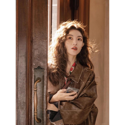 皮衣外套女高級感2025秋冬新款棕色美式復古酷颯風短款夾克小個子 皮衣外套女高級感2025秋冬新款棕色美式復古酷颯風短款夾克小個子