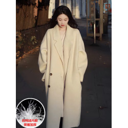 赫本風燕麥色羊絨大衣女中長款2025秋冬季新品韓系白鴨絨加厚外套