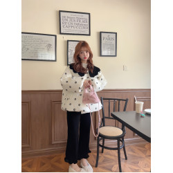 韓國東大門2025秋季新款絲絨黑色娃娃領花花滿印米白色棉服外套女