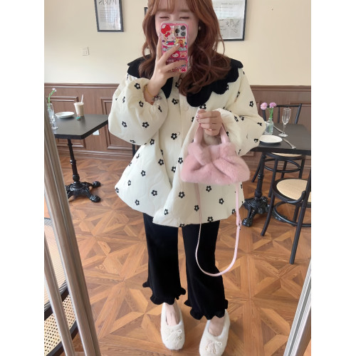 韓國東大門2025秋季新款絲絨黑色娃娃領花花滿印米白色棉服外套女 韓國東大門2025秋季新款絲絨黑色娃娃領花花滿印米白色棉服外套女