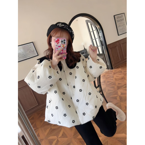 韓國東大門2025秋季新款絲絨黑色娃娃領花花滿印米白色棉服外套女 韓國東大門2025秋季新款絲絨黑色娃娃領花花滿印米白色棉服外套女