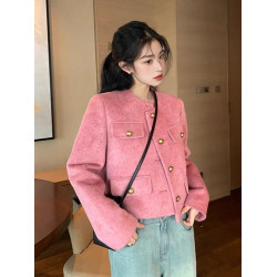 2025新款粉色小香風外套女秋冬小個子高級感法式名媛短款毛呢上衣