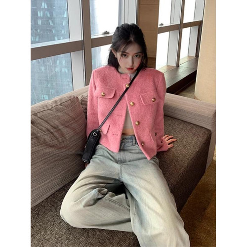 2025新款粉色小香風外套女秋冬小個子高級感法式名媛短款毛呢上衣 2025新款粉色小香風外套女秋冬小個子高級感法式名媛短款毛呢上衣