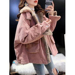 羊羔毛工裝燈芯絨外套女秋冬季寬松百搭毛毛保暖加絨加厚棉衣棉服