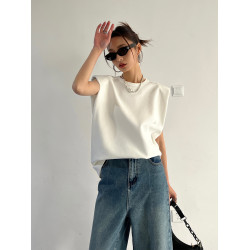 2025年夏季新款直角正肩韓版寬松顯瘦法式無袖小衆墊肩背心t恤女