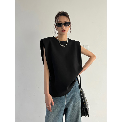 2025年夏季新款直角正肩韓版寬松顯瘦法式無袖小衆墊肩背心t恤女 2025年夏季新款直角正肩韓版寬松顯瘦法式無袖小衆墊肩背心t恤女