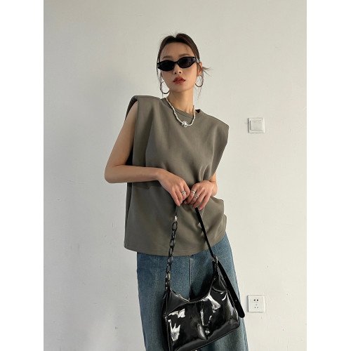 2025年夏季新款直角正肩韓版寬松顯瘦法式無袖小衆墊肩背心t恤女 2025年夏季新款直角正肩韓版寬松顯瘦法式無袖小衆墊肩背心t恤女