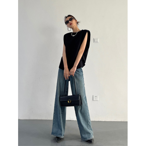 2025年夏季新款直角正肩韓版寬松顯瘦法式無袖小衆墊肩背心t恤女 2025年夏季新款直角正肩韓版寬松顯瘦法式無袖小衆墊肩背心t恤女