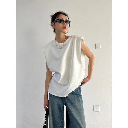 2025年夏季新款直角正肩韓版寬松顯瘦法式無袖小衆墊肩背心t恤女 2025年夏季新款直角正肩韓版寬松顯瘦法式無袖小衆墊肩背心t恤女