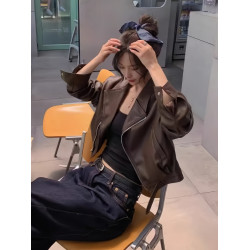 港風復古咖色pu皮衣外套女早秋季2025新款小個子短款機車夾克上衣