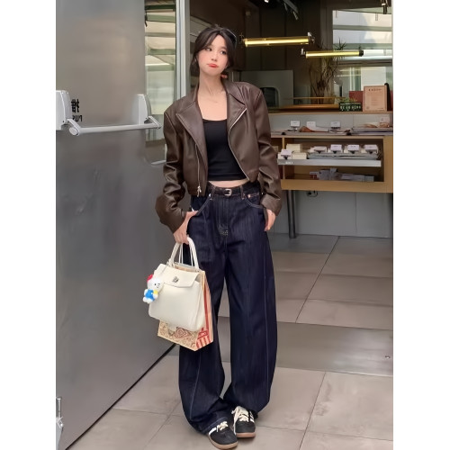 港風復古咖色pu皮衣外套女早秋季2025新款小個子短款機車夾克上衣 港風復古咖色pu皮衣外套女早秋季2025新款小個子短款機車夾克上衣