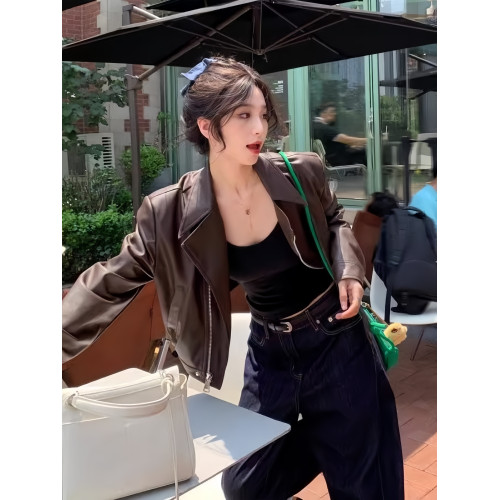 港風復古咖色pu皮衣外套女早秋季2025新款小個子短款機車夾克上衣 港風復古咖色pu皮衣外套女早秋季2025新款小個子短款機車夾克上衣