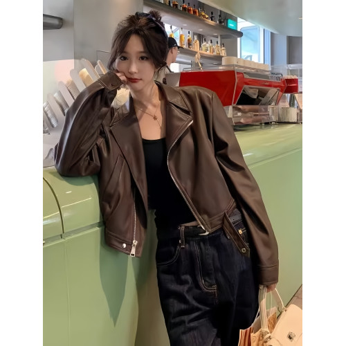 港風復古咖色pu皮衣外套女早秋季2025新款小個子短款機車夾克上衣 港風復古咖色pu皮衣外套女早秋季2025新款小個子短款機車夾克上衣