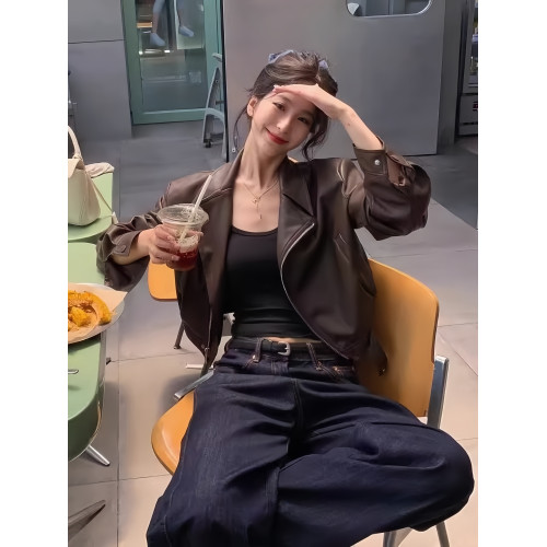 港風復古咖色pu皮衣外套女早秋季2025新款小個子短款機車夾克上衣 港風復古咖色pu皮衣外套女早秋季2025新款小個子短款機車夾克上衣