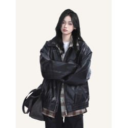 街頭ins美式復古翻領皮衣外套女2025年春秋季寬松機車風夾克上衣