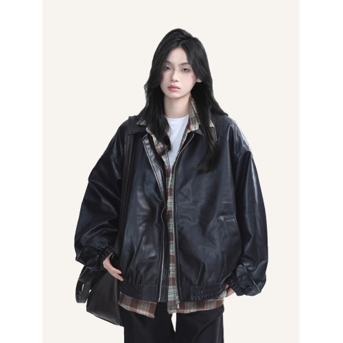 街頭ins美式復古翻領皮衣外套女2025年春秋季寬松機車風夾克上衣 街頭ins美式復古翻領皮衣外套女2025年春秋季寬松機車風夾克上衣