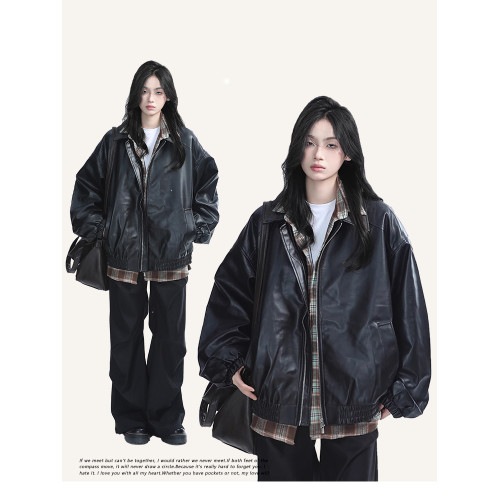 街頭ins美式復古翻領皮衣外套女2025年春秋季寬松機車風夾克上衣 街頭ins美式復古翻領皮衣外套女2025年春秋季寬松機車風夾克上衣