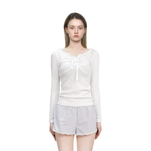 BM上衣女2025新款純色木耳邊蝴蝶結外穿內搭打底衫修身顯瘦長袖