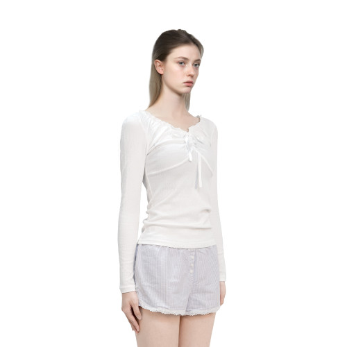 BM上衣女2025新款純色木耳邊蝴蝶結外穿內搭打底衫修身顯瘦長袖