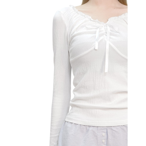 BM上衣女2025新款純色木耳邊蝴蝶結外穿內搭打底衫修身顯瘦長袖