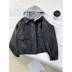 小個子俏皮減齡假兩件連帽皮衣外套女2024秋季新款學院風夾克上衣