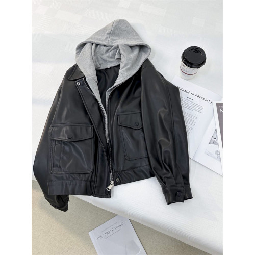 小個子俏皮減齡假兩件連帽皮衣外套女2024秋季新款學院風夾克上衣 小個子俏皮減齡假兩件連帽皮衣外套女2024秋季新款學院風夾克上衣