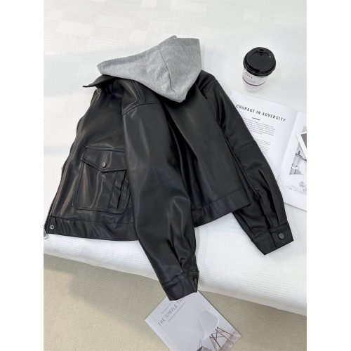 小個子俏皮減齡假兩件連帽皮衣外套女2024秋季新款學院風夾克上衣 小個子俏皮減齡假兩件連帽皮衣外套女2024秋季新款學院風夾克上衣