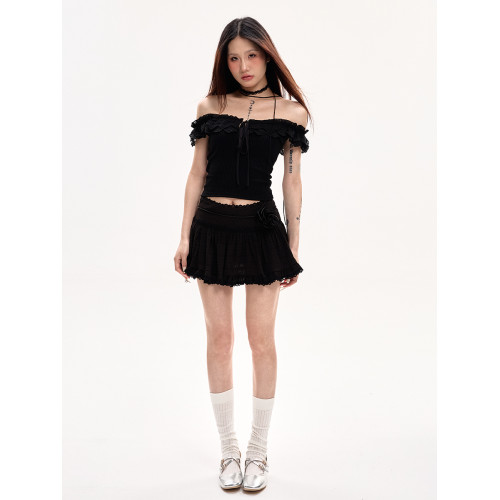 黑色一字肩短袖T恤女夏季新款性感收腰蕾絲花邊甜酷辣妹短款上衣