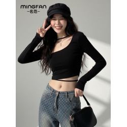 純欲辣妹性感短款一字肩掛脖上衣女秋季高級感緊身長袖t恤打底衫