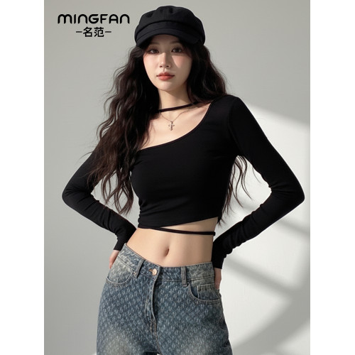 純欲辣妹性感短款一字肩掛脖上衣女秋季高級感緊身長袖t恤打底衫