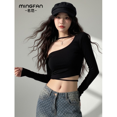 純欲辣妹性感短款一字肩掛脖上衣女秋季高級感緊身長袖t恤打底衫
