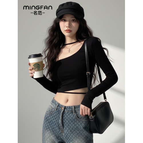 純欲辣妹性感短款一字肩掛脖上衣女秋季高級感緊身長袖t恤打底衫