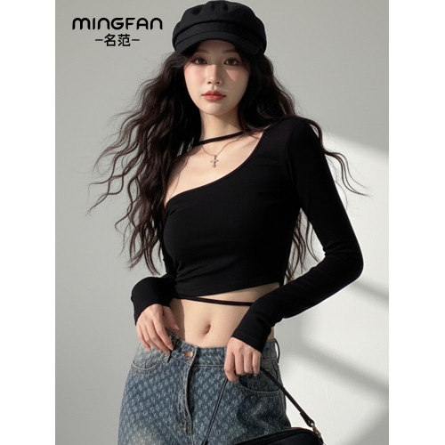 純欲辣妹性感短款一字肩掛脖上衣女秋季高級感緊身長袖t恤打底衫