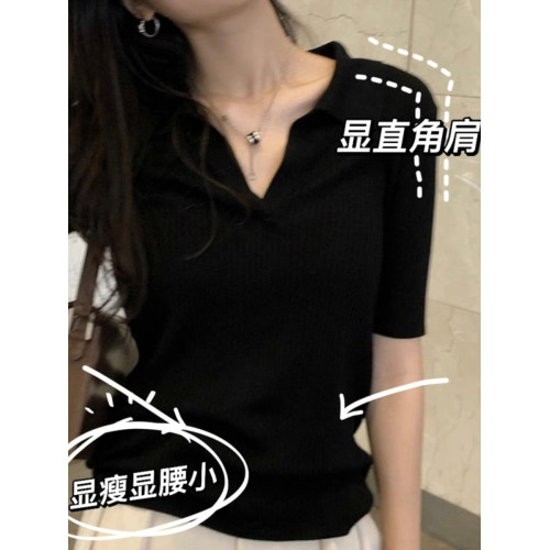 黑色v領短袖正肩t恤女夏季高級感修身顯瘦小個子別致鎖骨短款上衣