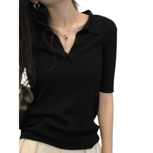 黑色v領短袖正肩t恤女夏季高級感修身顯瘦小個子別致鎖骨短款上衣