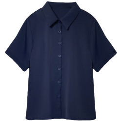 藍色短袖雪紡襯衫女夏季藏青深藍色垂感抗皺職業襯衣面試通勤上衣