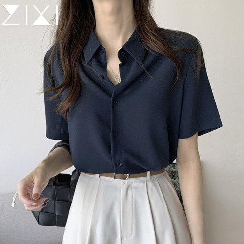 藍色短袖雪紡襯衫女夏季藏青深藍色垂感抗皺職業襯衣面試通勤上衣