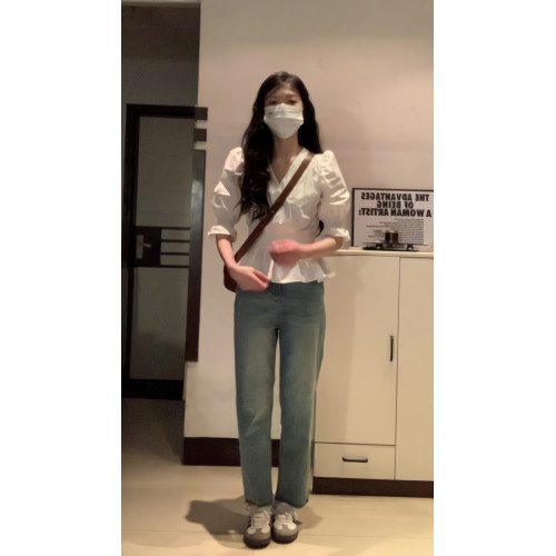 法式白色泡泡袖v領短袖襯衫女夏季小個子收腰襯衣娃娃衫上衣小衫