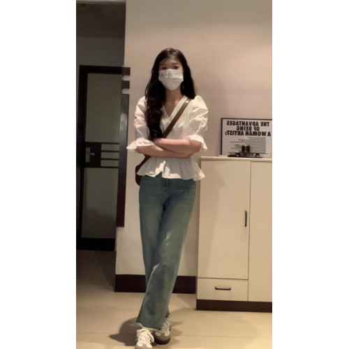 法式白色泡泡袖v領短袖襯衫女夏季小個子收腰襯衣娃娃衫上衣小衫