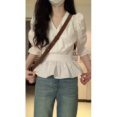 法式白色泡泡袖v領短袖襯衫女夏季小個子收腰襯衣娃娃衫上衣小衫