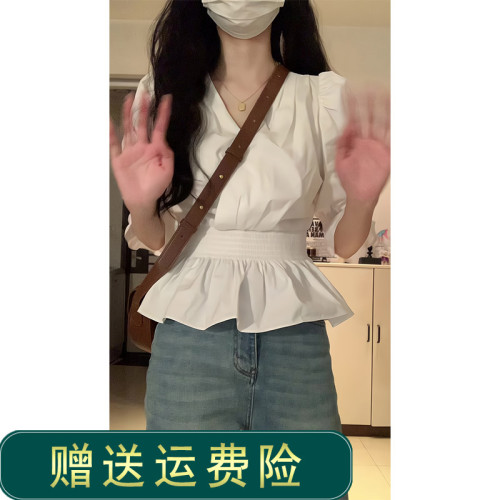 法式白色泡泡袖v領短袖襯衫女夏季小個子收腰襯衣娃娃衫上衣小衫