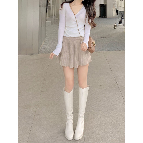 韓國新款2023秋裝休閒顯瘦高腰百褶短裙褶皺羊毛針織超短半身裙女