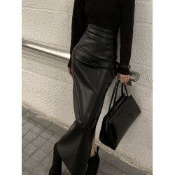 黑色pu皮裙半身裙女秋季新款高腰顯瘦辣妹性感中長款開叉包臀裙子