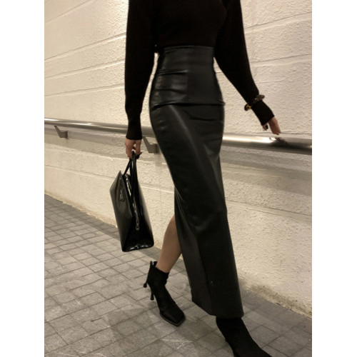 黑色pu皮裙半身裙女秋季新款高腰顯瘦辣妹性感中長款開叉包臀裙子