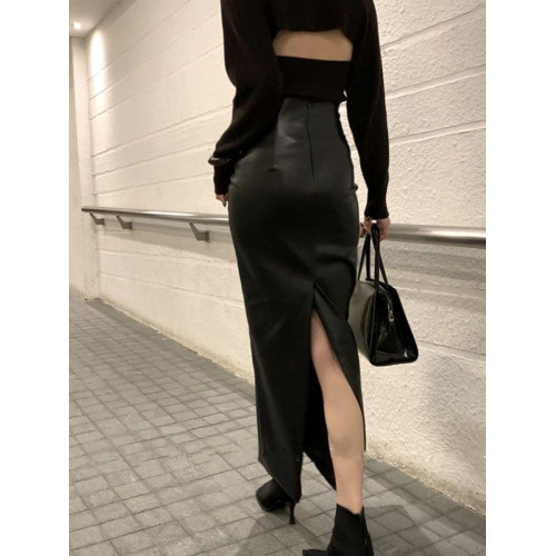 黑色pu皮裙半身裙女秋季新款高腰顯瘦辣妹性感中長款開叉包臀裙子