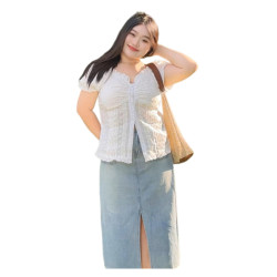 大碼女裝溫柔風韓系甜美減齡木耳邊V領短袖修身收腰襯衫夏季上衣