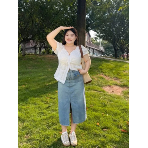 大碼女裝溫柔風韓系甜美減齡木耳邊V領短袖修身收腰襯衫夏季上衣 大碼女裝溫柔風韓系甜美減齡木耳邊V領短袖修身收腰襯衫夏季上衣